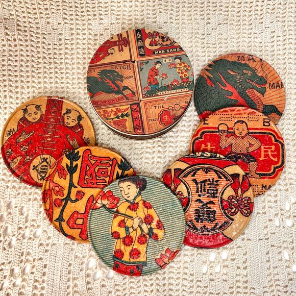 Vintage 90's Alan Chan Coasters Set & Tin Cultural Art Chinese Hong Kong Artist0 - Picture 1 of 9